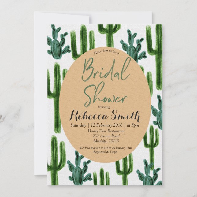 Cactus Green Bridal Shower Invitation Green (Devant)