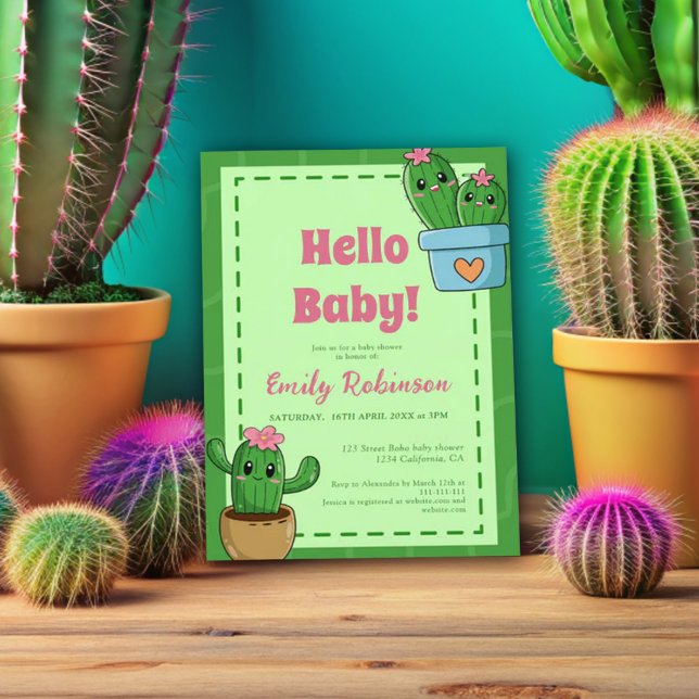 Cactus Hello Baby Duwer Green Pink Grass Einladung (Von Creator hochgeladen)