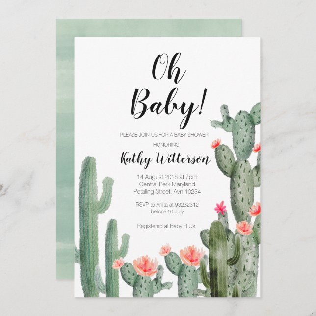 Cactus Invitation succulente oh baby shower (Devant / Derrière)