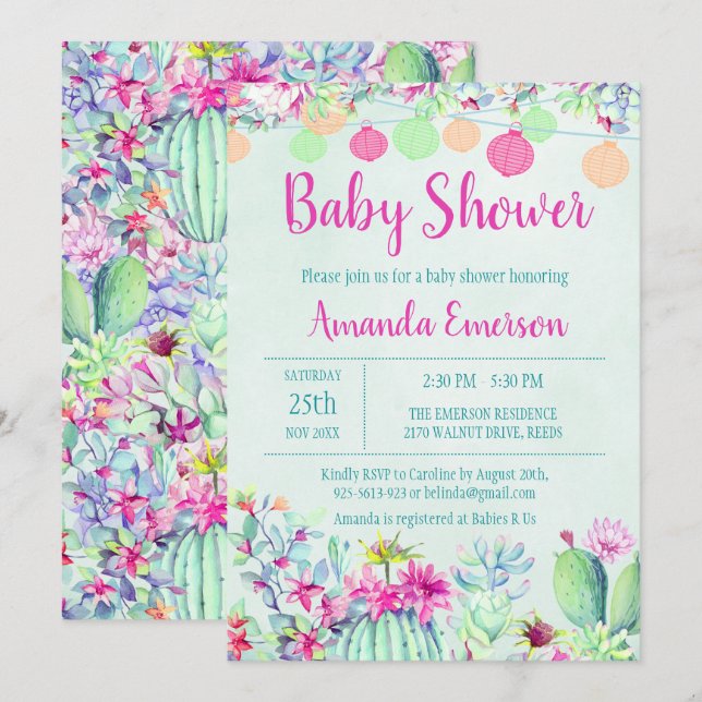 Cactus Lantern Fiesta Baby Shower Invitations (Devant / Derrière)
