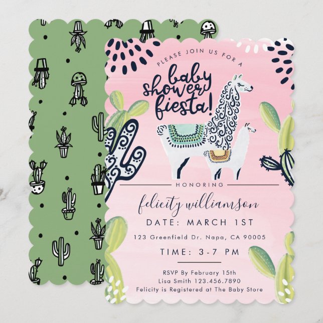 Cactus & Llama Baby Girl Shower Fiesta Invitation (Devant / Derrière)