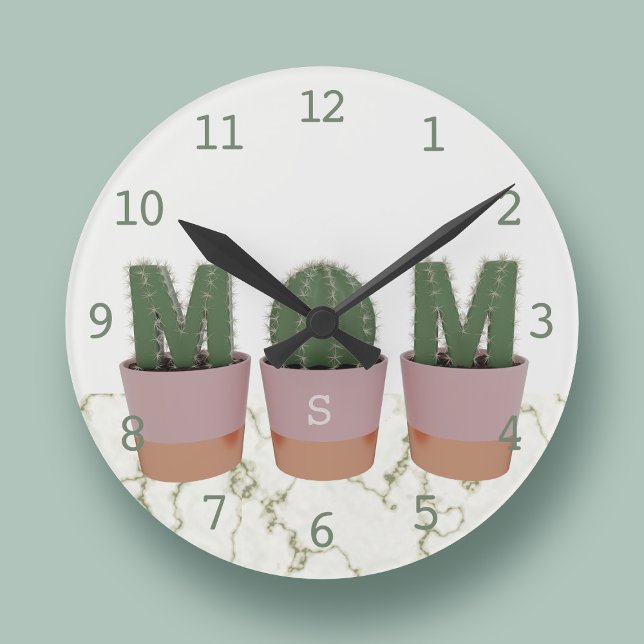 Cactus Maman Monogramme Cuisine Mur Horloge (Fun cactus wall clock with space for your initial)