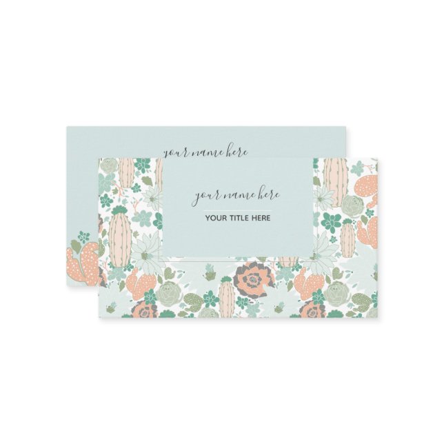 Cactus Pattern Coral Mint Green Visitenkarte (Vorderseite/Rückseite Beispiel)