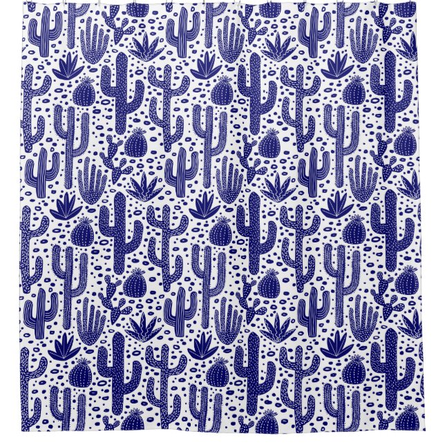 Cactus Pattern - Dunkelblau und Weiß Duschvorhang (Vorderseite)