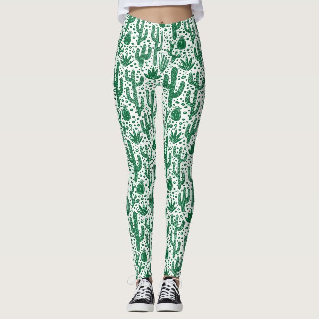 Cactus Pattern - Forest Green und White Leggings (Vorderseite)