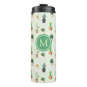Cactus Pattern Mint Green Monogram Thermosbecher
