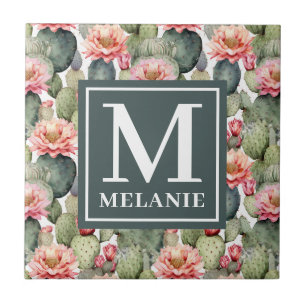 Cactus Pattern Pink Blume Monogramm Fliese