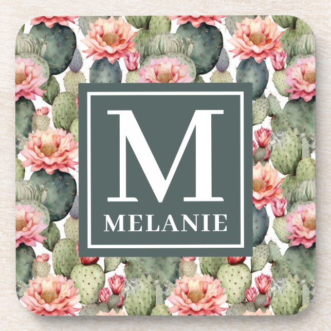 Cactus Pattern Pink Blume Monogramm Getränkeuntersetzer (Vorderseite)