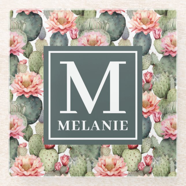 Cactus Pattern Pink Blume Monogramm Glasuntersetzer (Vorderseite)