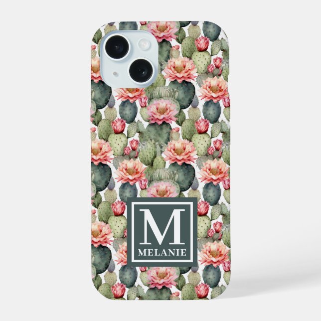 Cactus Pattern Pink Blume Monogramm iPhone 15 Hülle (Rückseite)