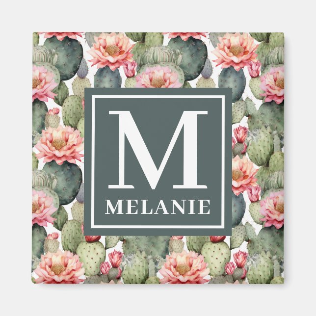 Cactus Pattern Pink Blume Monogramm Magnet (Vorne)
