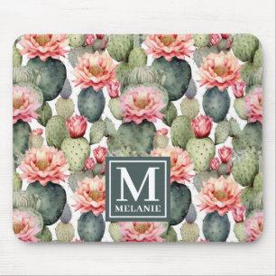 Cactus Pattern Pink Blume Monogramm Mousepad