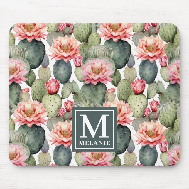 Cactus Pattern Pink Blume Monogramm Mousepad (Vorne)