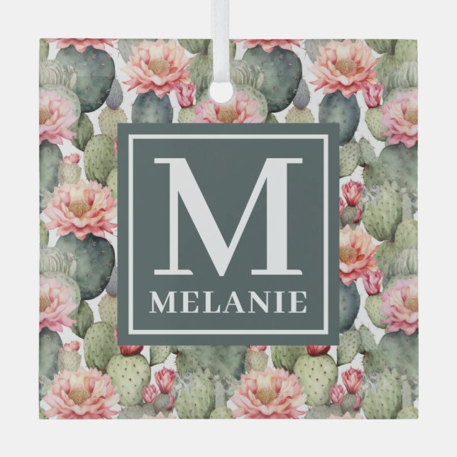 Cactus Pattern Pink Blume Monogramm Ornament Aus Glas (Vorderseite)
