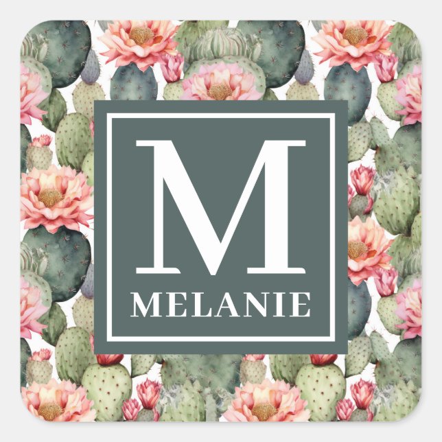 Cactus Pattern Pink Blume Monogramm Quadratischer Aufkleber (Vorderseite)