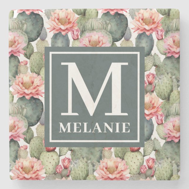 Cactus Pattern Pink Blume Monogramm Steinuntersetzer (Vorderseite)
