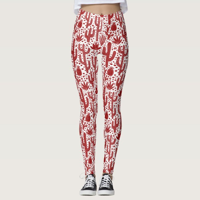 Cactus Pattern - Ruby Red und White Leggings (Vorderseite)