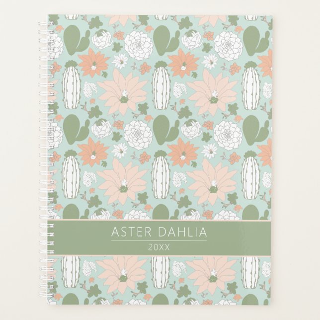 Cactus Peach Green Floral Motif Avec Nom (Devant)
