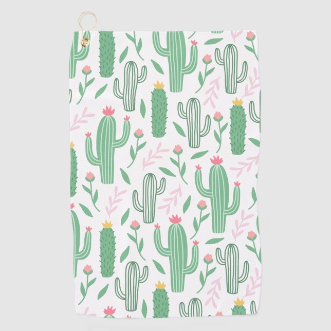 Cactus Pflanze Grünes Lila Muster Golfhandtuch (Vorderseite)
