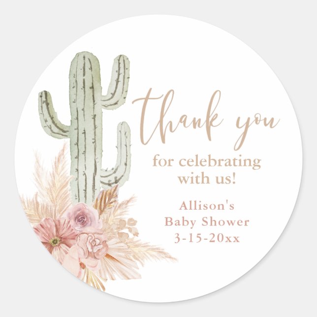Cactus pink floral boho Girl Dusche danke Runder Aufkleber (Vorderseite)