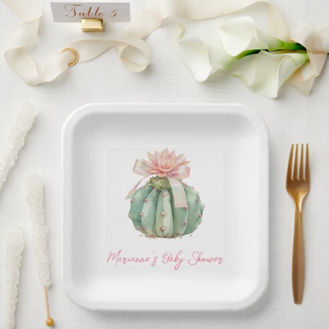 Cactus Pink Ribbon Baby Girl Duwer Pappteller (Hochzeit)