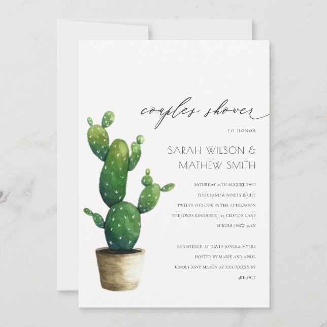 Cactus Poted Green Foliage Couples Invitation de d (Devant)
