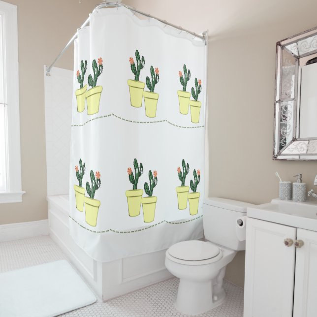 Cactus Pots Jaune Douche Florale Rideau (En situation)