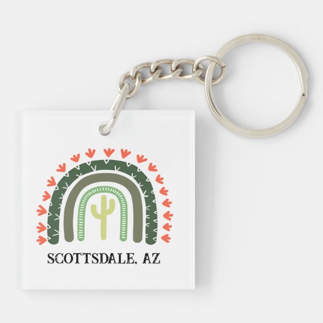 Cactus Rainbow Custom Text Modern Wüste Schlüsselanhänger (Rückseite)