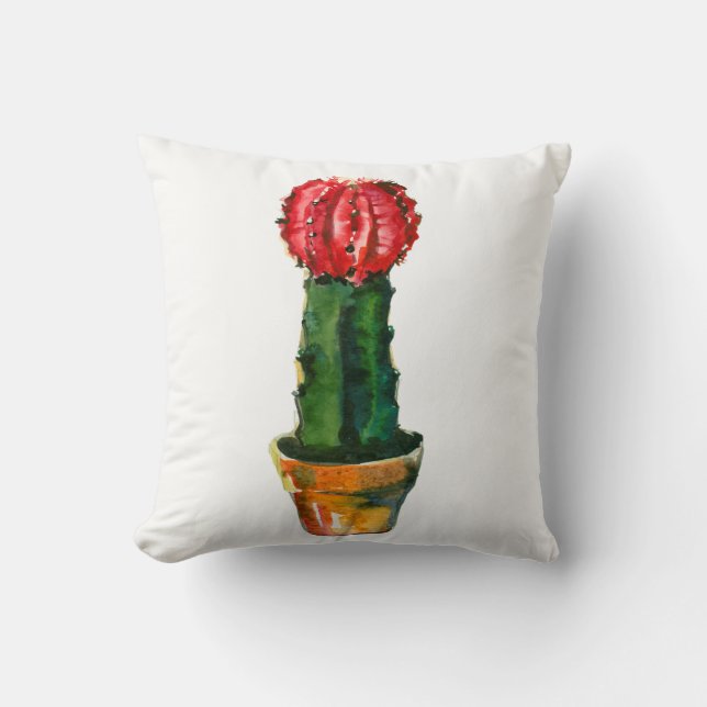 Cactus Red & Green Watercolor Südwest Boho Kissen (Vorderseite)