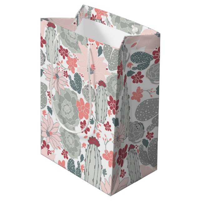 Cactus rosa succulents floral Pattern Mittlere Geschenktüte (Rückseite Schrägansicht)