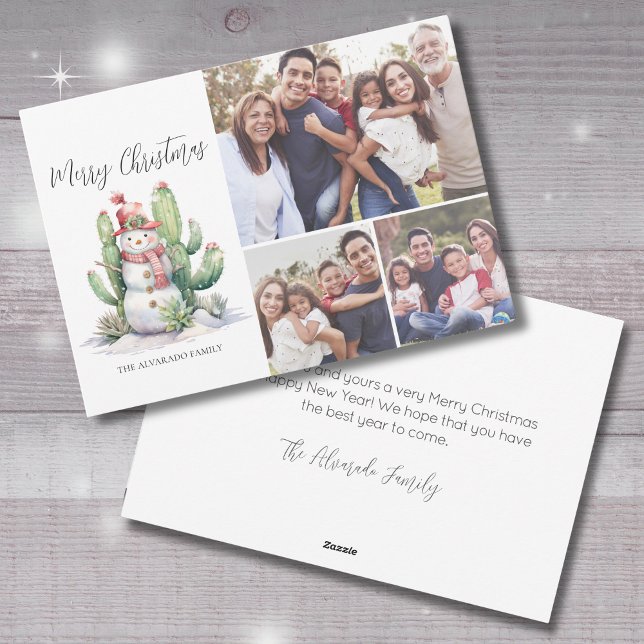 Cactus Snowman Foto Frohe Weihnachten (Cactus Snowman Photo Merry Christmas Holiday Card)