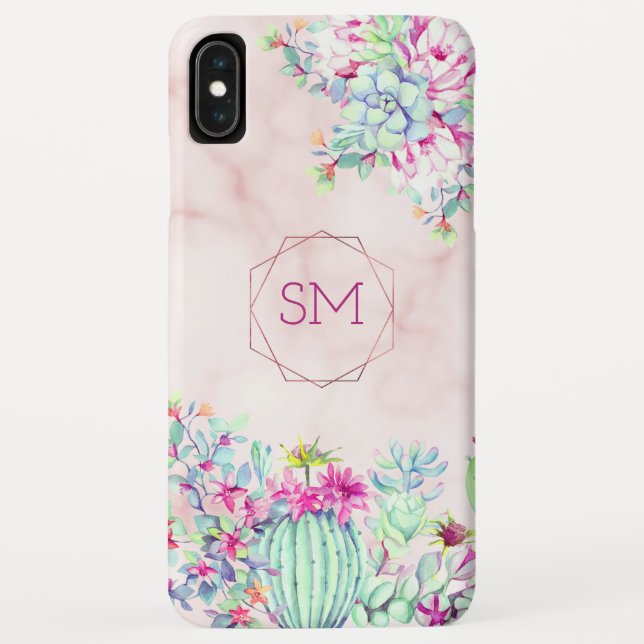 Cactus succulent Blush Marble Geometric Monogram Case-Mate iPhone Hülle (Rückseite)