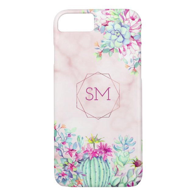 Cactus succulent Blush Marble Geometric Monogram Case-Mate iPhone Hülle (Rückseite)