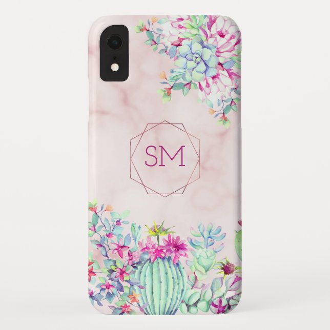 Cactus succulent Blush Marble Geometric Monogram Case-Mate iPhone Hülle (Rückseite)