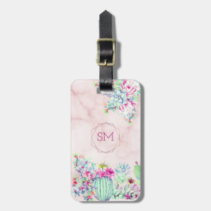 Cactus succulent Blush Marble Geometric Monogram Gepäckanhänger