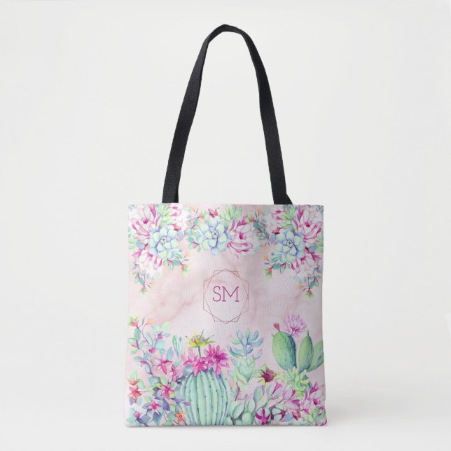 Cactus succulent Blush Marble Geometric Monogram Tasche (Vorderseite)