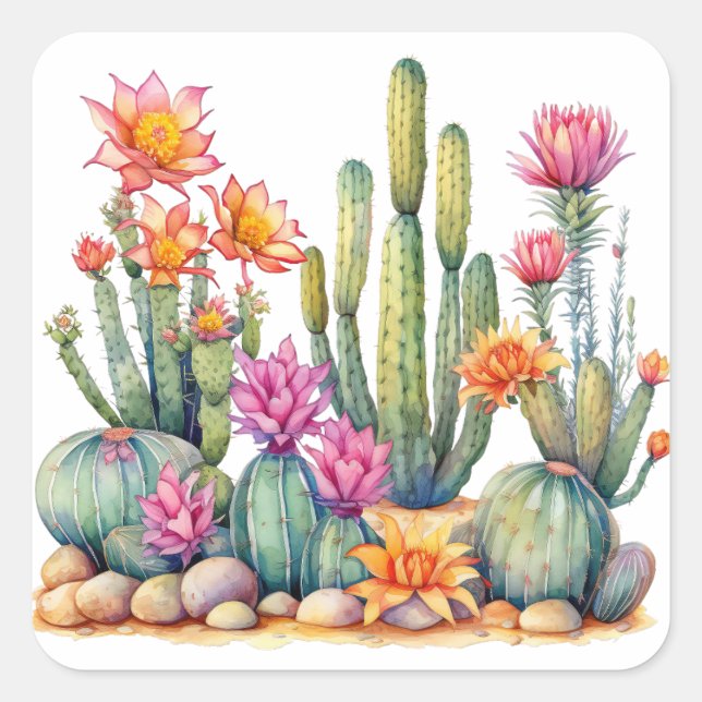 Cactus succulent Botanical Watercolor Painting Quadratischer Aufkleber (Vorderseite)