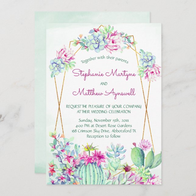 Cactus succulent Geometric Botanical Wedding Einladung (Vorne/Hinten)