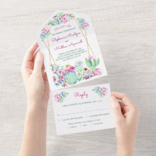 Cactus succulent Geometric Pink Wedding All In One Einladung