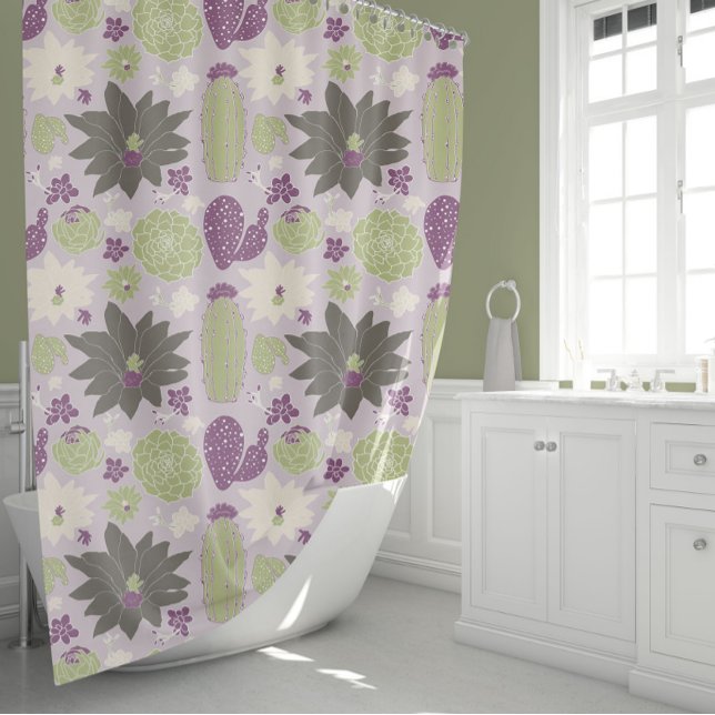 Cactus succulent Lila Green Floral Pattern Duschvorhang (Cactus Succulent Purple Green Floral Pattern Shower Curtain from Studio Posies.)