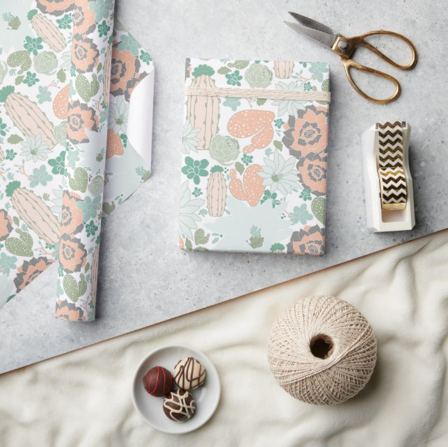 Cactus succulent Pattern Coral Green Geschenkpapier (Kunsthandwerk)