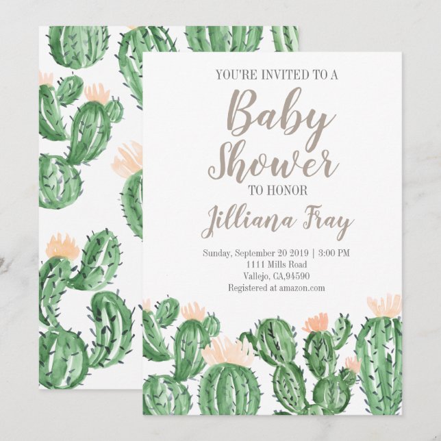 Cactus succulente niedliche Babydusche laden Einladung (Vorne/Hinten)