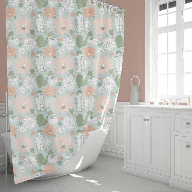 Cactus succulents Peach Green Floral Duschvorhang (Cactus Succulents Peach Green Floral Shower Curtain from Studio Posies.)