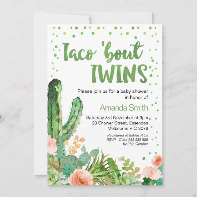 Cactus Taco 'Bout Twins Fiesta Baby Shower Einladung (Vorderseite)