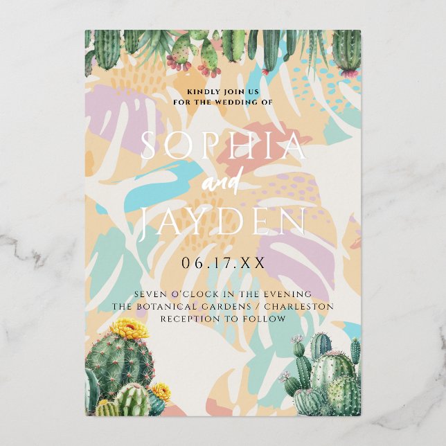 Cactus Tropical Palm Tree Desert Boho Wedding Folieneinladung (Vorderseite)