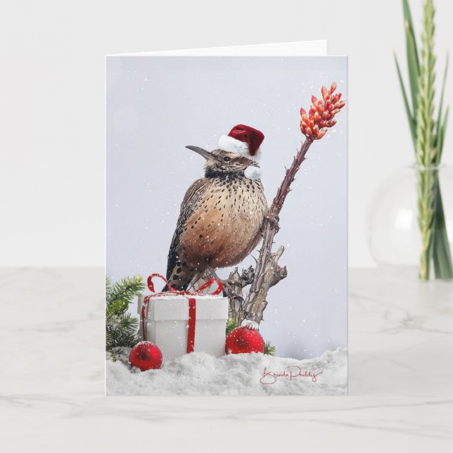 Cactus Wren à Ocotillo 5x7 Carte blanche de Noël (Devant)