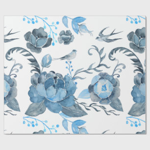 Cadeau Aquarelle Bleu pivoine et hirondelles Papier à env