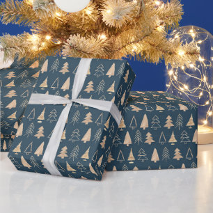 Cadeau Arbres de Noël d'or Papier d'enveloppement bleu nu