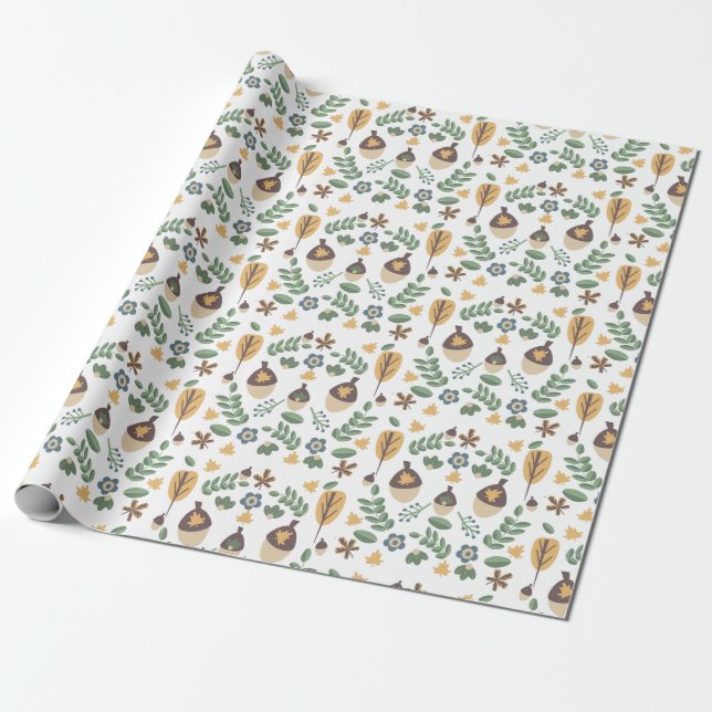 Cadeau Automne Acorns Floral Greenery Papier d'enveloppem (Déroulé)