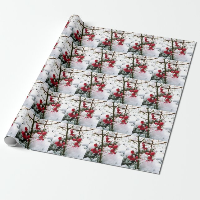 Cadeau BAIES ROUGES EN papier d'emballage de NEIGE (Déroulé)